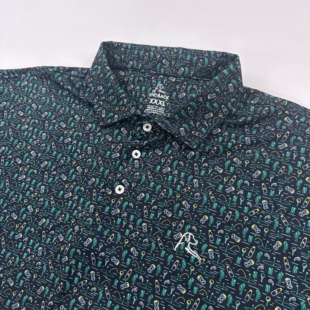 Rhoback Mens Polo XXXL Navy Blue Cactus Golf Print Short Sleeve Performance